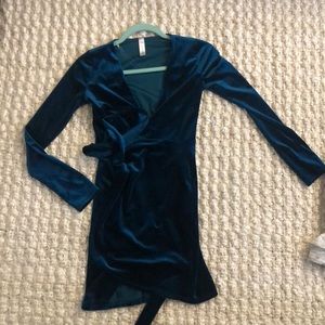 Velvet dark teal long sleeve mini wrap dress!